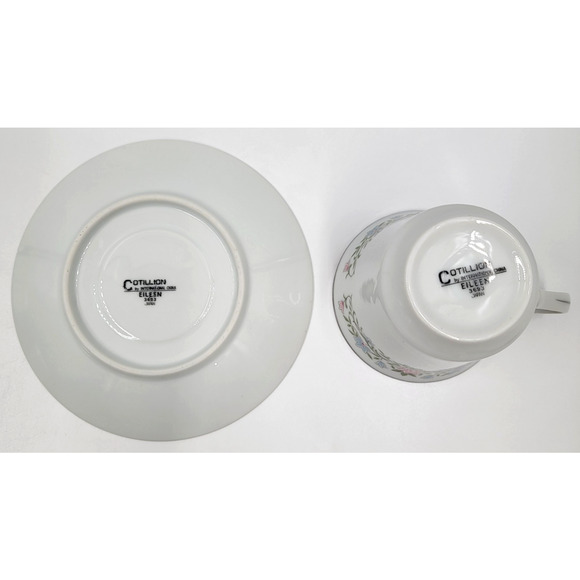 Eileen Cotillion Cup & Saucer Japan Floral Pink Blue Platinum Trim Set of 2 - Picture 14 of 14